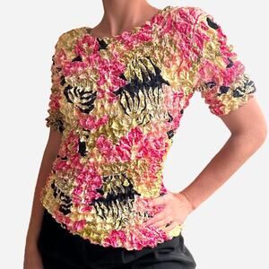 Popcorn accordion crinkle pleated bubble top short sleeve